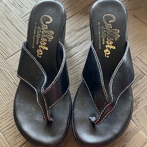 Callisto Black Leather Thong Flatform Sandal with Contrast Stitching